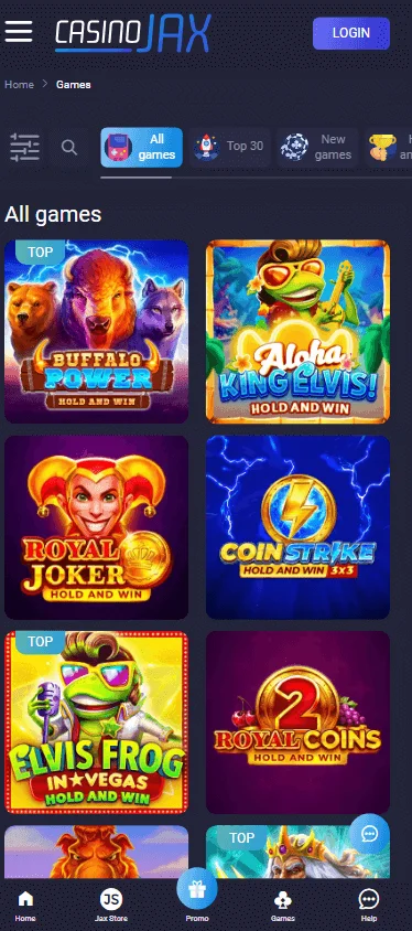 CasinoJax games lobby on a mobile browser