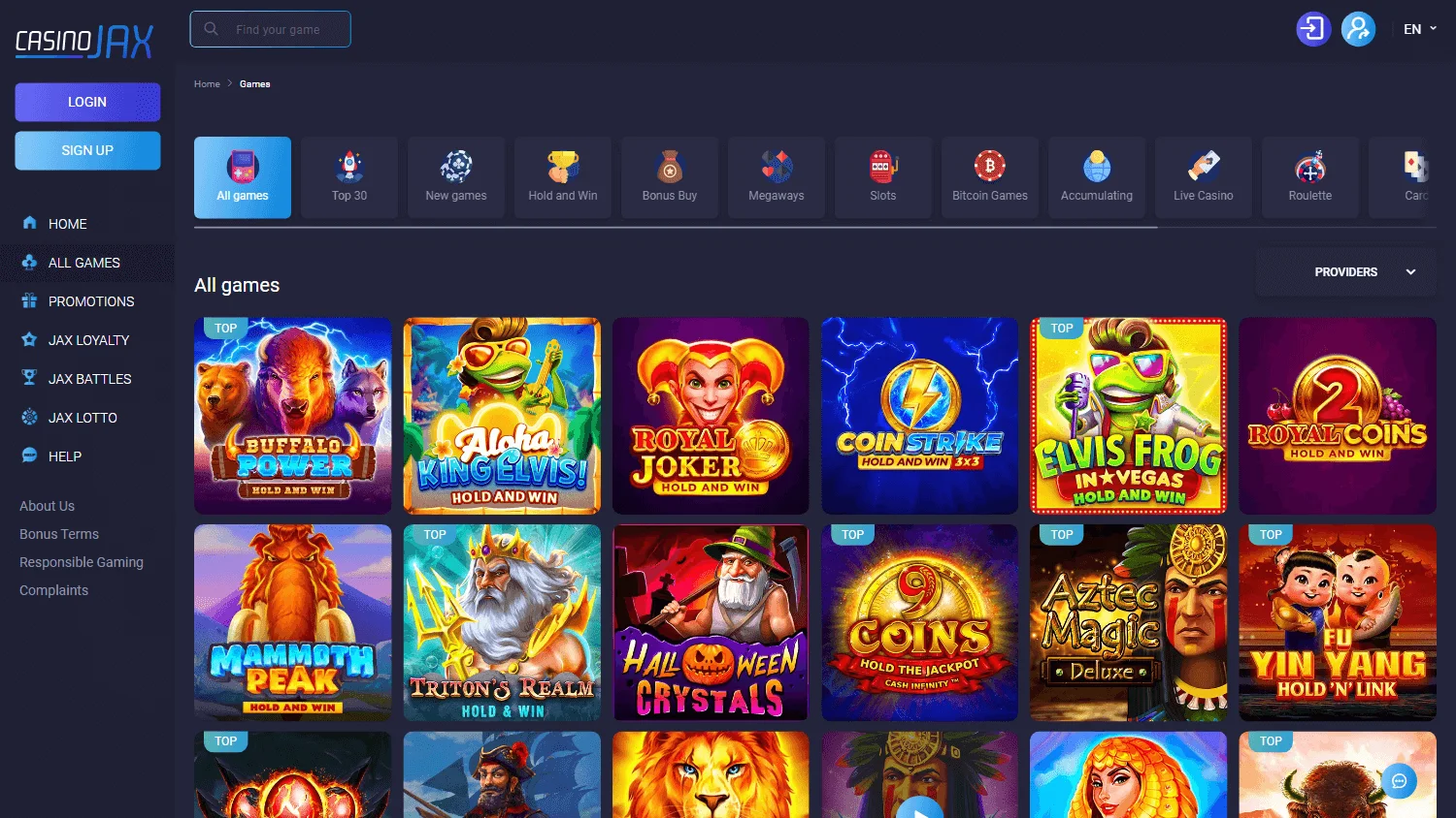 CasinoJax games lobby on desktop