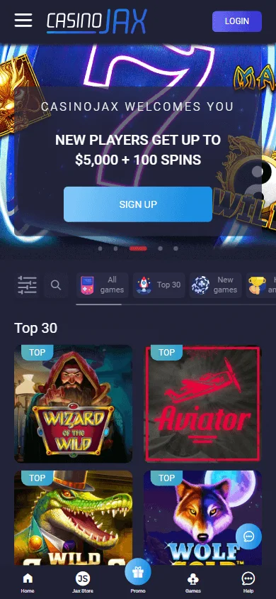 CasinoJax home screen on a mobile browser