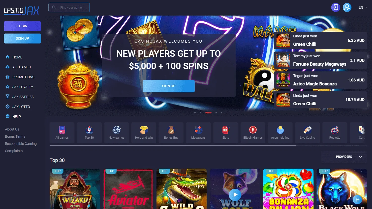 CasinoJax home screen on desktop