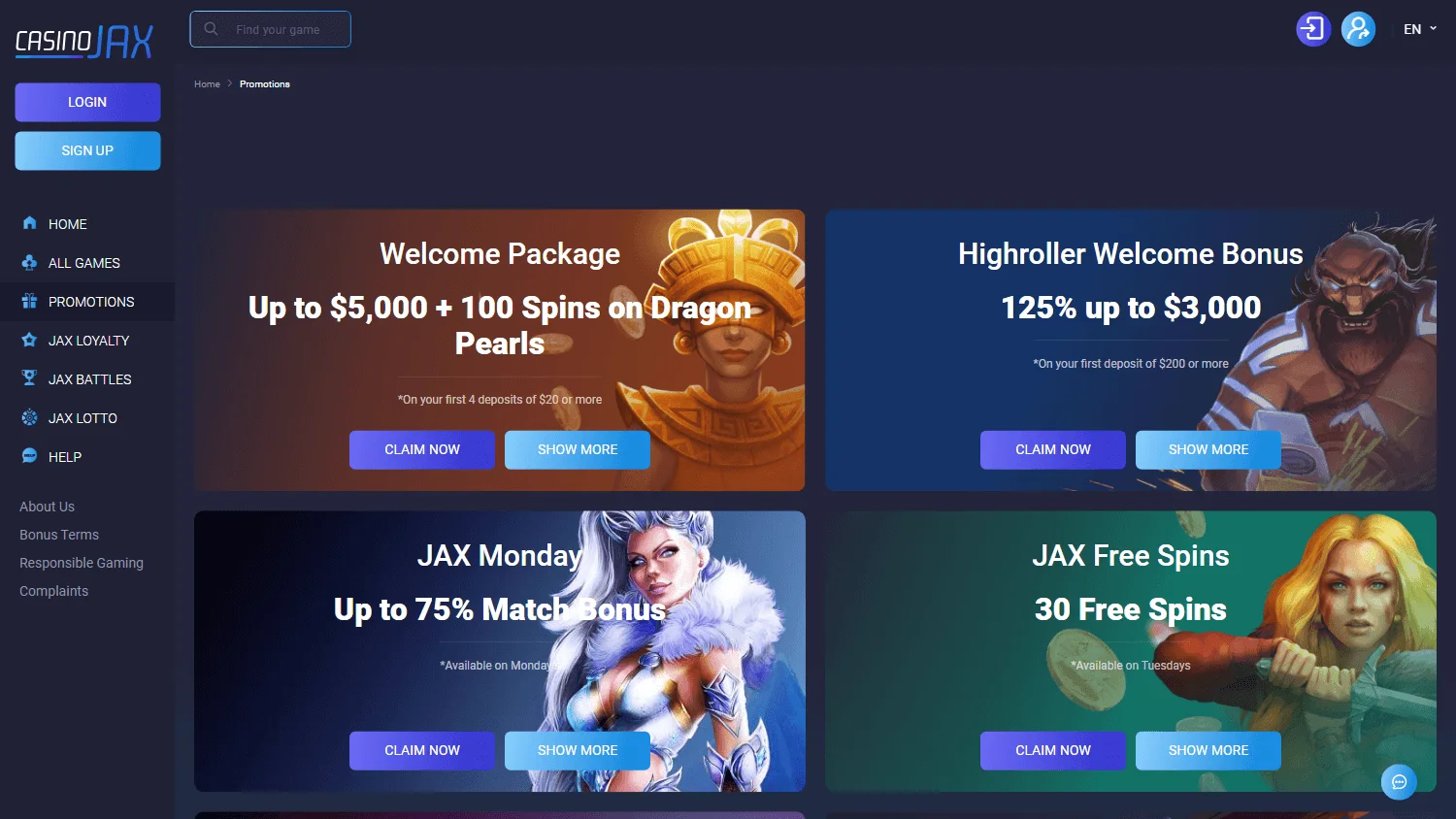 CasinoJax promotions area on desktop
